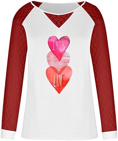Те сакам срцева графичка маичка маичка женска долга ракав врвови чипка крпеница тунични манжети кои излегуваат симпатична блуза