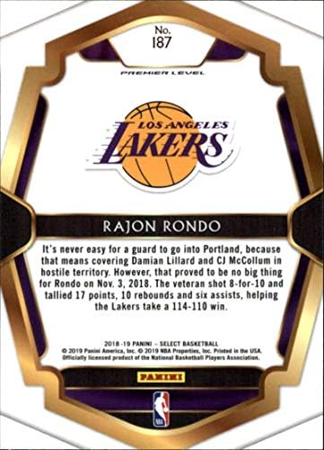 2018-19 Изберете кошарка 187 Рајон Рондо Лос Анџелес Лејкерс Премиер Ниво Официјална картичка за тргување во НБА