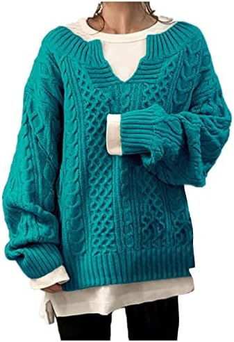 Женски зимски v врат бучен плетен џемпер топол долг ракав плетена коноп шема обичен пулвер врвот