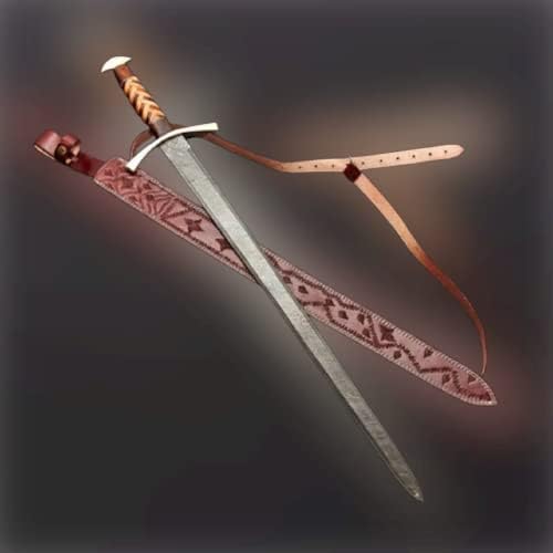 AMR11 - рачен фалсификуван викиншки меч вистински челик Дамаск со кожна обвивка | Подарок за младоженци, сопруг