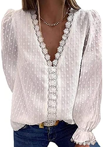 Женски V вратот чипка од капчиња Туника на врвови обична цврста боја лабава кошули со флојски блузи со краток ракав