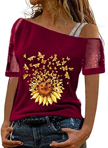 Основно ладно рамо Основно мета за жени девојки, сончоглед печати кратки ракави врвови кошули резервоари за маички маички блузи врвови