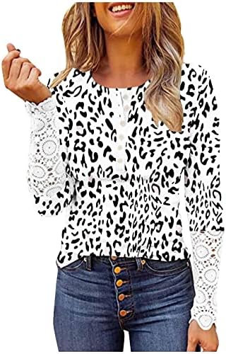 Женски модни тенок кошули класична чипка со долги ракави екипаж на вратот на вратот блузи со дупки плус големина пулвер