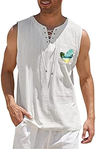 ZDDO машки памучен постелнина хипи резервоарот врвови лето чипка на вратот без ракави кошули со елек едноставни графички плажа лабави резервоари