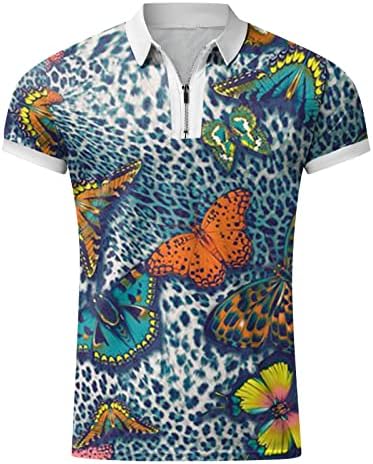 Beuu Mens Zipper Polo Golf Builds, летен краток ракав леопард печати графички спортски обичен тенис врвен кошула за работа