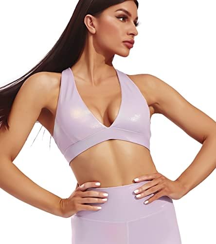 Racerback Bras за жени со низок врат градник длабоко V Dunge Pulded Cup Sports Bras High Impact Fitness Yoga Running Bra