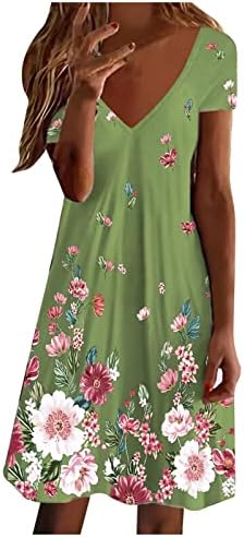 2023 Лето женски V врат со вратен фустан Бохо Обичен лабав трендовски печатење проточен мини кратки фустани на плажа