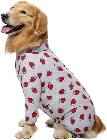 Мијаододо памук големо кучиња пижами печатење со јагода, целосна покриеност на стомакот, кучиња PJS за средни големи кучиња по операцијата, празнична облека за кучи?