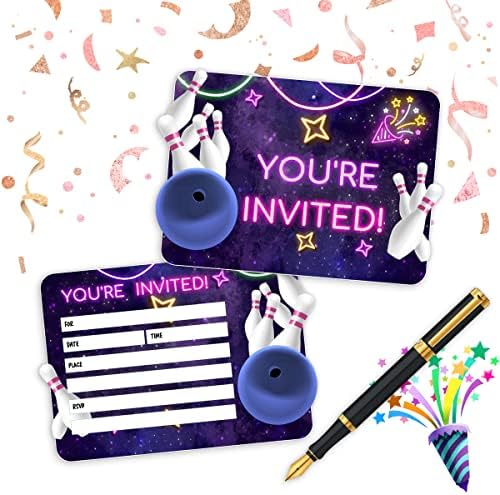 Неонски сјај за куглање со коверти, картички за покана за роденденска забава за тинејџери （20 пакувања)