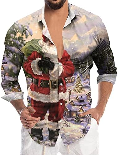 XXBR Божиќно случајно копче надолу кошули за мажи со долг ракав јака Новина на вратот на вратот на XMAS Sumyflake Print Party Chilt