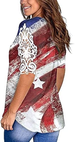 Малку кошула за чипка за жени летни обични v врат -вратот на американско знаме на 4 -ти јули патриотски краток ракав лабави блузи