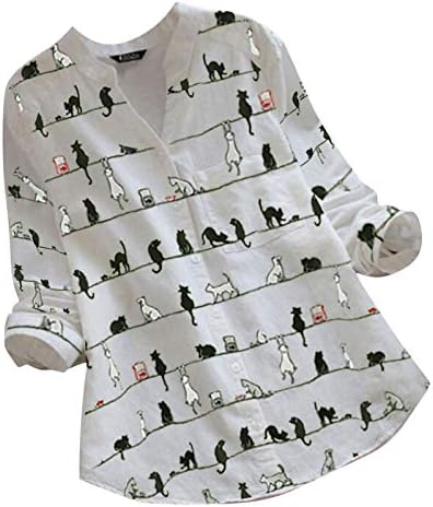 Womenените смешно копче надолу со кошули со блузи со долг ракав плус големина мачка печатење рекреативно работно време, пролетни