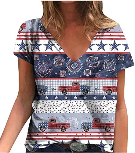 Women'sенски американски кошула со знаме, случајна фути од јули печати краток ракав против маици со вратот, лето лабава патриотска