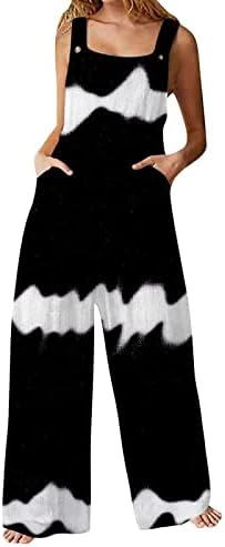 LCEPCY моден џемпери за жени трендовски печатење без ракави со широки широки нозе долги панталони со џебови со џебови