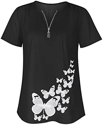 2022 Лето трендовски цветни печатени врвови од туника Zipper v вратот маички за жени лабава обична блуза со кратки ракави со кратки ракави
