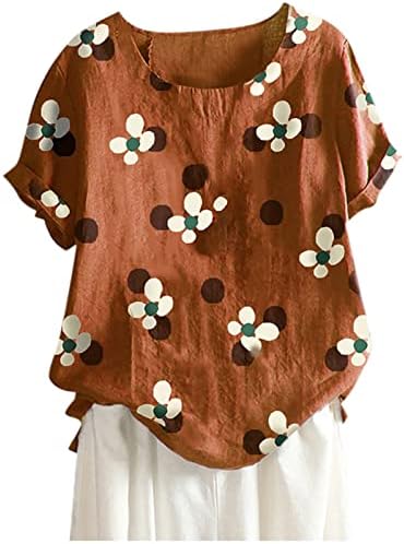 2023 летни врвови за памучни лени за жени трендовски цветни графички кратки ракави Туника, обична Основна блуза за кошула од вратот
