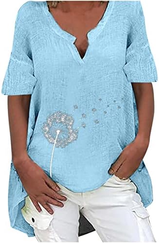 Памучни постелнини врвови за жените да носат со хеланки кратки ракави против вратот, проточни кошули гроздобер глуварче печатење блуза