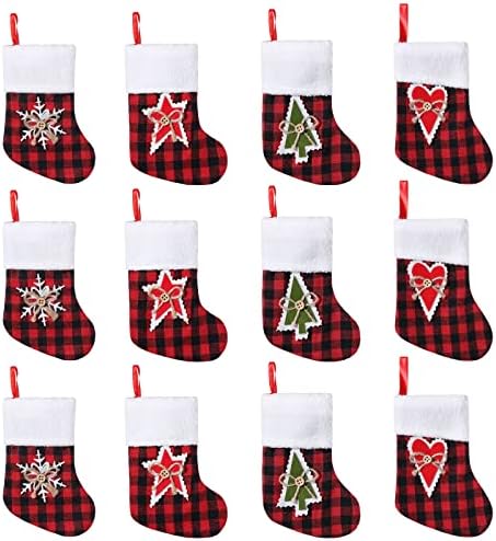 Twsantamas 12 пакет 7,5 инчи мини Божиќно порибување Бафало карирани чорапи што висат украс Божиќ
