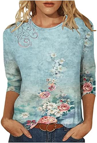 Флорални врвови за жени-3/4 маички со ракави за жени маица за модни печати со средна должина блуза О вратот Обични врвови