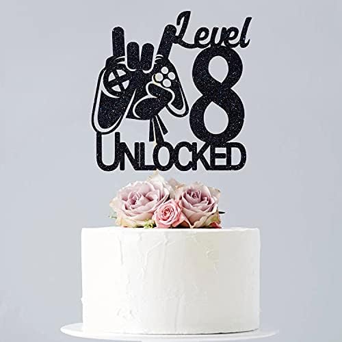 Кос Мос Видео игра Ниво 8 Отклучен роденденски торта за торта црна сјај момчиња 8 -ми роденденски торта украси на ниво на ниво на