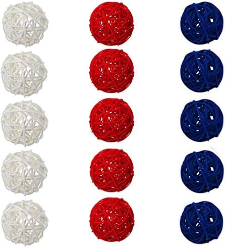 15 парчиња 2 инчи црвени бели и сини ратан топки Декоративни, 4 -ти јули плетени топки декоративни за домашен декор DIY вазен сад за полнење украс