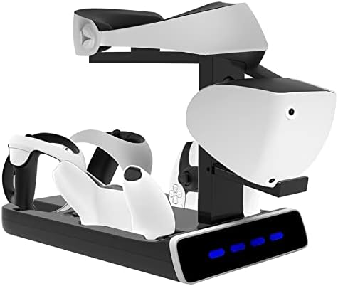 Jhua 5-во-1 PSVR2 Станица за полнење Стенд за PlayStation VR2 и PS5 Controller за полнење на док станица со држач за приказ на слушалките VR, 4 контролори за полначи и индикатори за LED