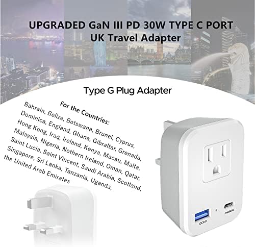Тип g Велика Британија Адаптер за приклучок за напојување со GANIII Tech PD 30W USB-C полнење, Универзален адаптер за патувања во Велика Британија,