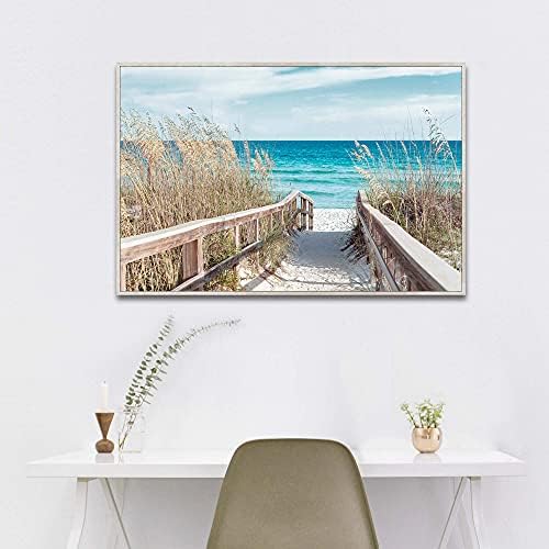 Платна патека wallидна уметност врамена - крајбрежна патека до синиот океан со дрво тонирана со ограда слика за печатење уметнички