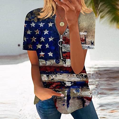 Letulенски летни обични туники врвови со краток ракав 1/4 патент пуловер starsвезди ленти патриотски маица длабични обични маички