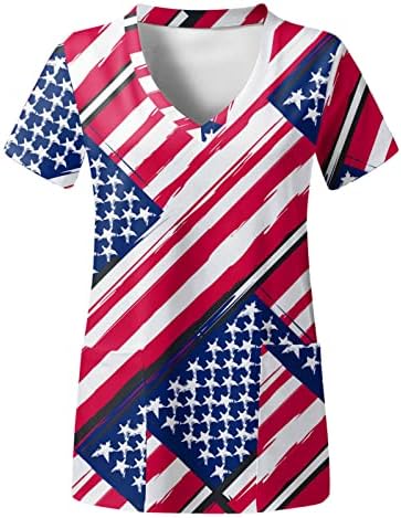 Американско Знаме Блузи За Жени 4 јули Лето Краток Ракав V Вратот Маица со 2 Џебови Блузи Одмор Повик Работна Облека