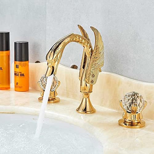 Jings бања тапа со златен лебед форма, луксузна двојна кристална рачка миксер за бања, палуба монтирање бања суета тапа, месинг од басен
