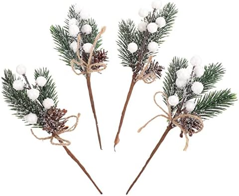 Вештачки божиќни борци на борови филијали: Божиќни цвеќиња од цвеќиња стебла спреј гранчиња со пинони бели бобинки 20 парчиња лажни зеленило
