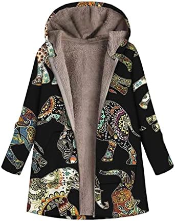 FMCHICO Зимски палта за жени Зимски слободно време печатено качулка со качулка, плишана јакна од руно јакна од рововска облека со џебови