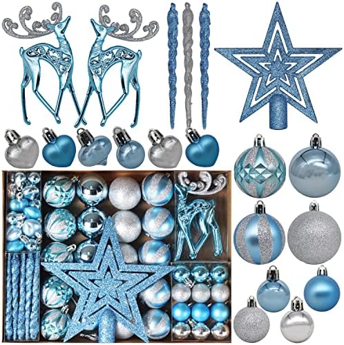 Учи сини и сребрени божиќни украси, 88 парчиња распрскувани топки за новогодишни елки поставени пластични Божиќни украси најголемиот дел