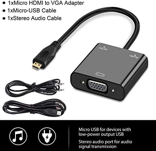 Avedio Links Micro HDMI со VGA адаптер, Active Micro HDMI до VGA Video Converter со 3,5 mm стерео аудио, микро HDMI до VGA кабел