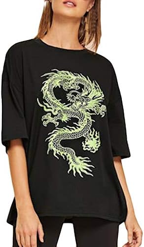 Womenенски моден кинески змеј печати кратки ракави со кратки ракави на вратот на вратите на вратот