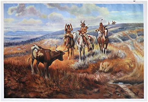 Бафало на белиот човек - Чарлс Мерион Расел рачно насликана масло сликарска репродукција, возачи на домородци, западен сончев планински пејзаж