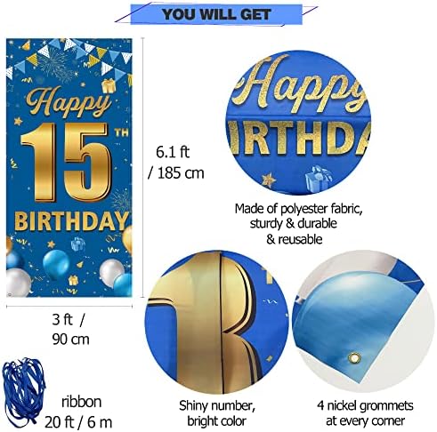 Декорации за банер на 15 -ти роденденска врата, среќни 15 -ти роденденски украси за момчиња девојчиња, сино злато 15 -ти роденден,