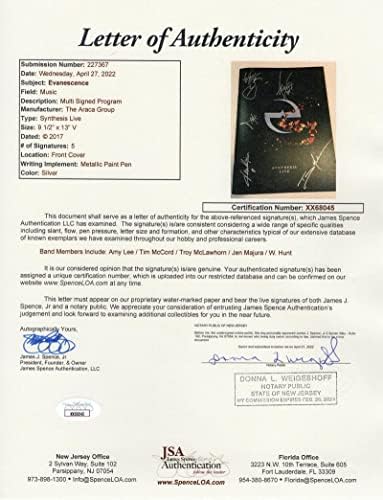 Evanescence Full Band потпишана Програма за турнеја за синтеза на автограми Книга Б/ Jamesејмс Спенс ЈСА Писмо за автентичност - Потпишан од