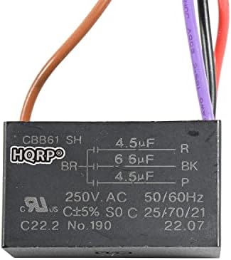 Кондензатор на HQRP CBB61 компатибилен со вентилаторот на таванот на пристаништето 4,5UF+4.5UF+6,6UF 4-жица