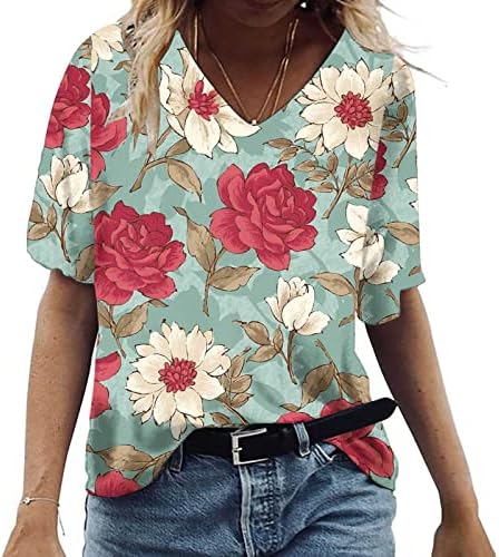 Лабава вклопена маица за жени плус големина цветни печатени блузи против вратот со краток ракав Туника врвови летни обични кошули