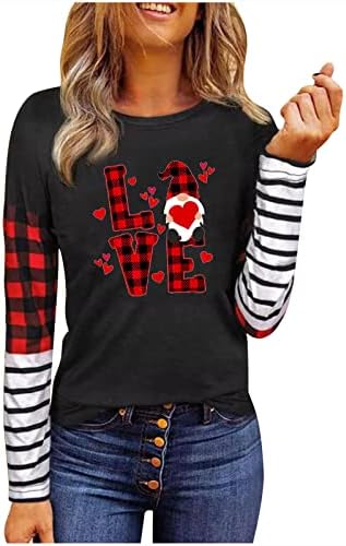 Врвовите на Денот на вineубените за жени со страшно карирано спојување со долги ракави кошули Топ loveубов срцева печатена блуза