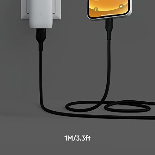 Belkin BoostCharge Flex Silicone USB Type A до молња кабел, кабел за полнење овластен MFI за iPhone 13, 12, 11, Pro, Max, Mini, SE, iPad