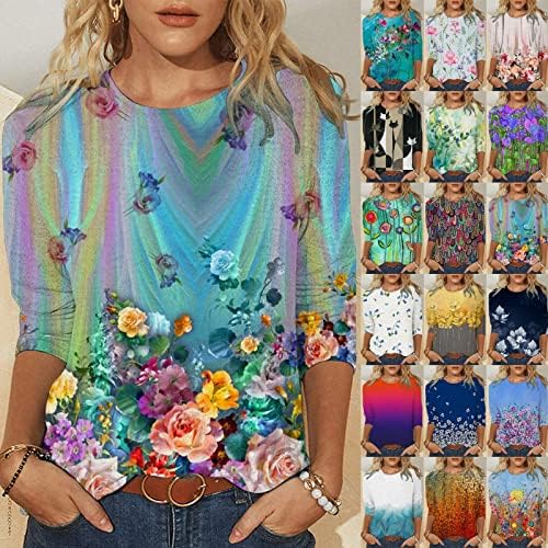 Печатена кошула за женски летни летни врвови цветни 3/4 ракави, туничен цвет од лабава блуза, плус големина