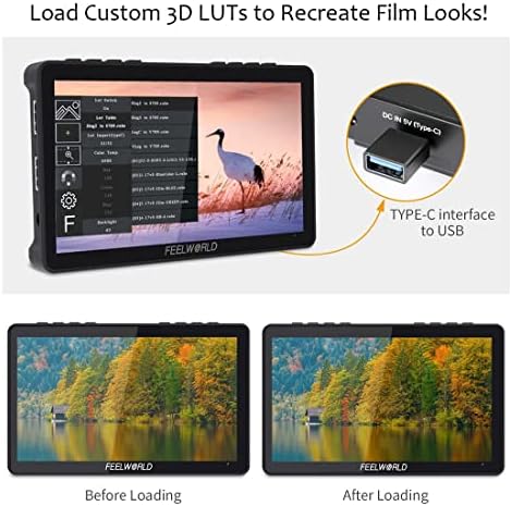 FeelWorld F5 Pro V4 6 Допир на екранот 3D LUT DSLR Field Monitor со батерија од 2 парчиња F550, USB светлина