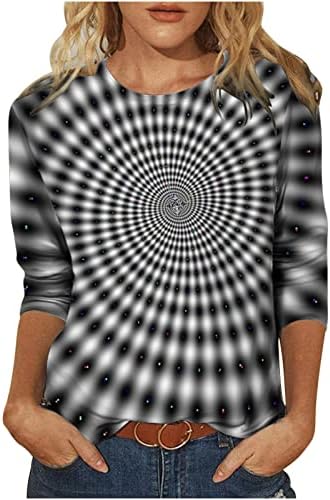 3Д кошули за жени Смешна оптичка илузија графички врвови на врвови на врвови на екипажот со долги ракави, основни блузи, пулвер