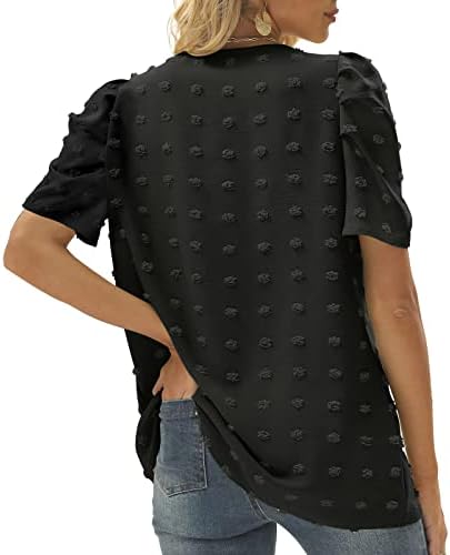 LCEPCY SWISS DOT врвови за жени обична цврста боја V вратот со кратки ракави маица лабава летна работа блуза
