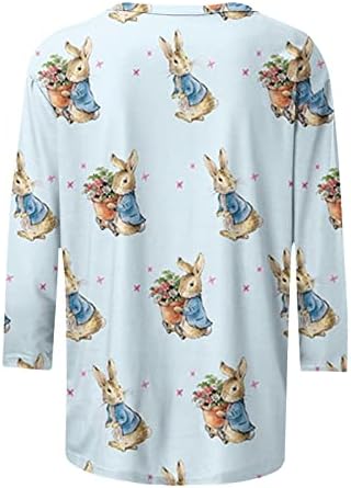 Велигденски кошули за жени Симпатична зајаче печати маица за среќен велигденски ден Велигденски графички маички 3/4 ракави на екипажот