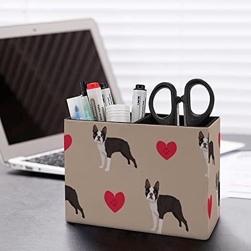 Nudquio Boston Terrier со Hearts PU кожен држач за моливче за далечински управувач со контејнери за домашна канцеларија за домашна