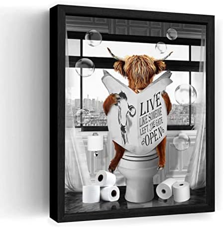 Хајленд крава бања декор wallидна уметност црно -бела фарма куќа бања wallид декор крави слики платно печатење уметнички дела крава во тоалетот